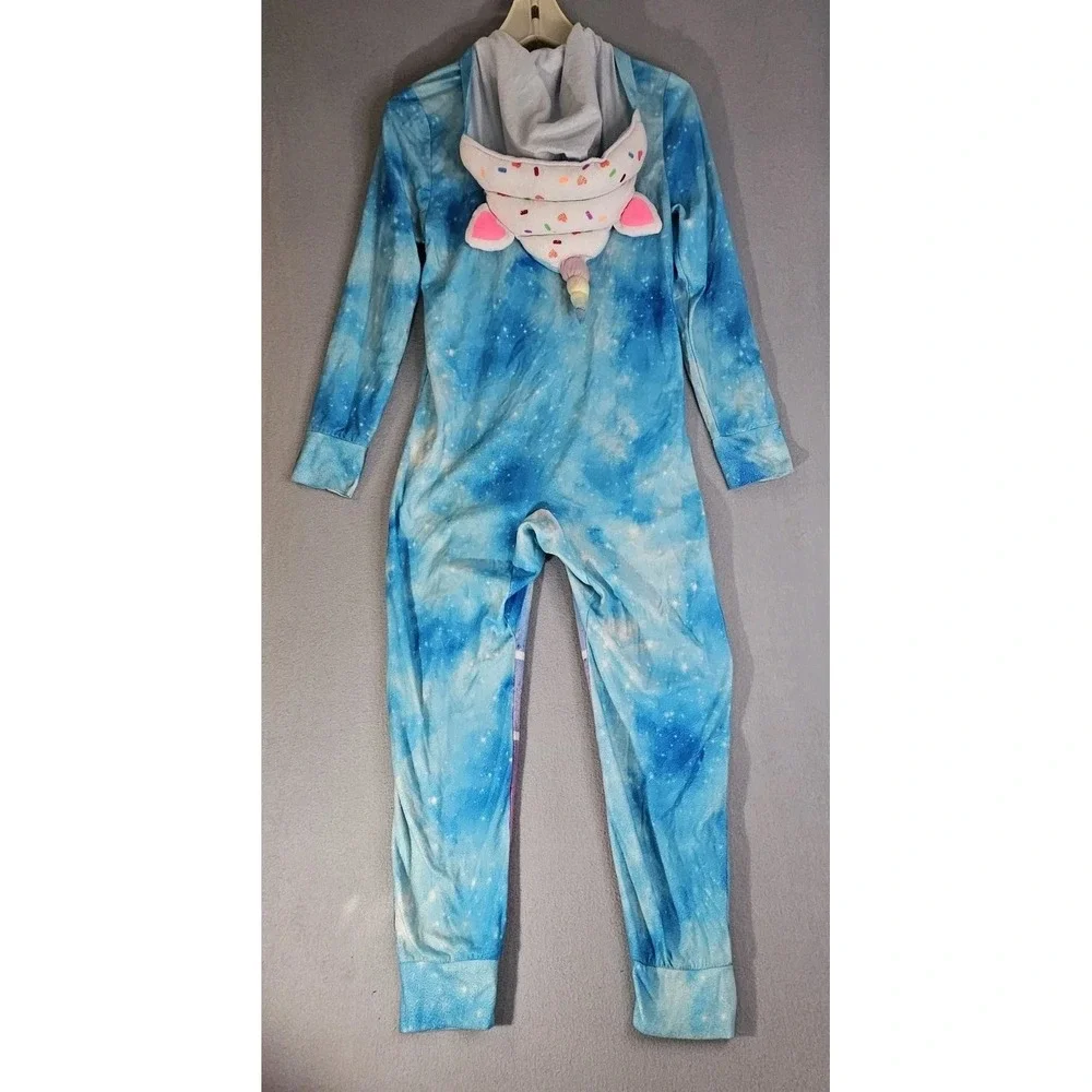 Girls Justice One-piece Rainbow Pajama  Unicorn Latte Size 12 Hooded